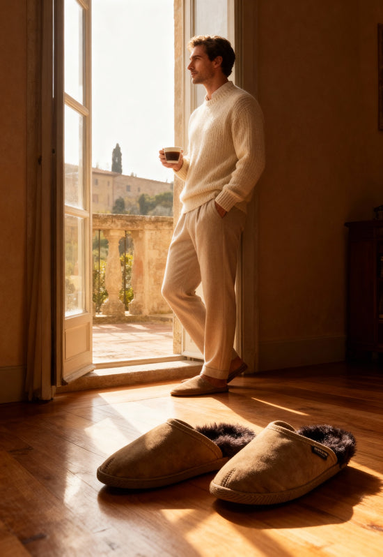 Men’s suede slippers with sheepskin, shown in a room with the pair in the foreground.