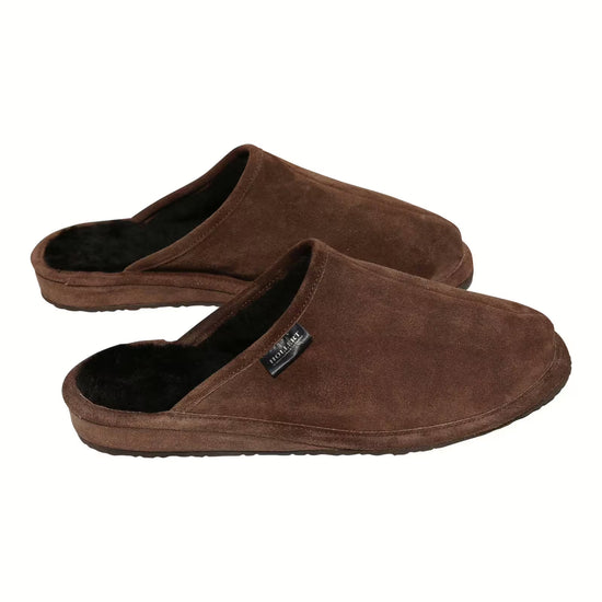 Men's sheepskin slippers in brown suede, shown at an angle with the dark lining visible.