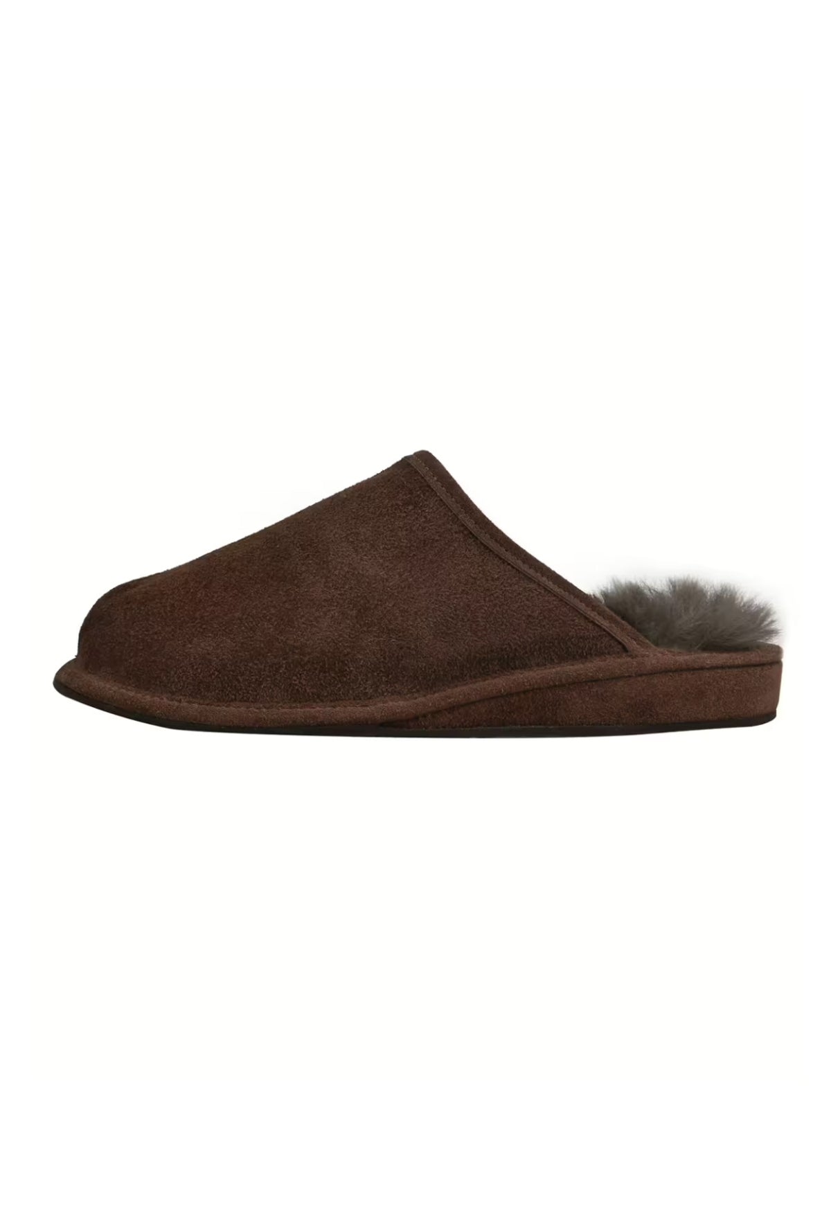 Men's sheepskin slipper in brown suede, shown in side view with an open heel.