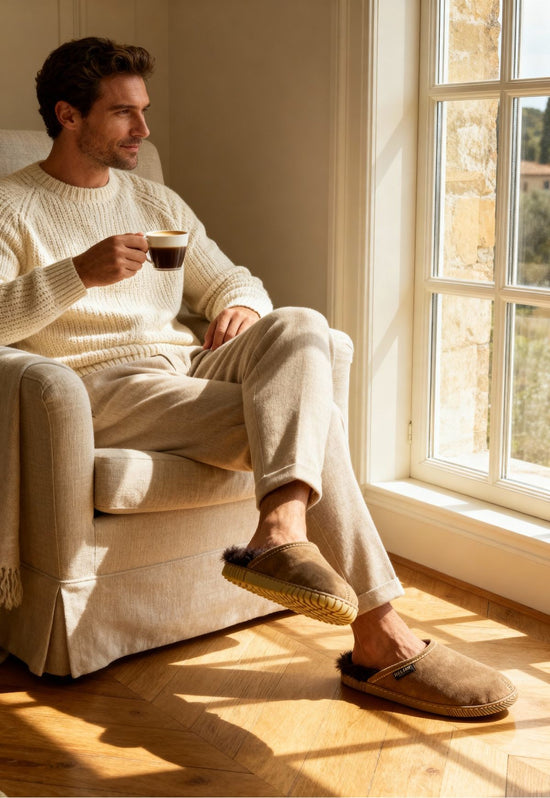 Men’s suede slippers with sheepskin, worn on the foot with the sole visible.