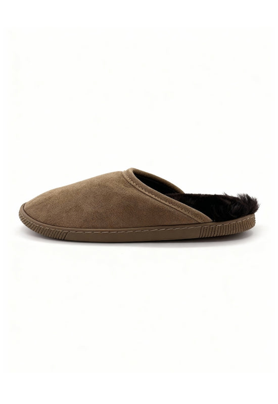 Men’s suede slippers in brown, shown from the side with sheepskin lining, isolated.