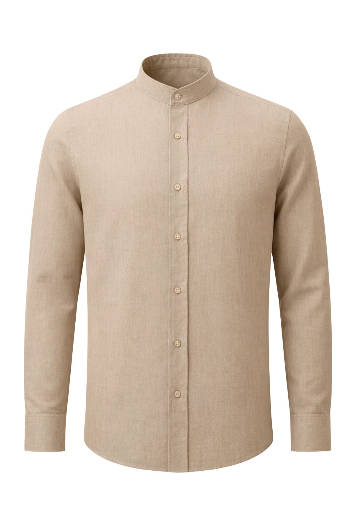 Beige men’s linen shirt with stand-up collar and full button placket, front view.