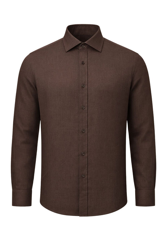 Men’s linen shirt in brown, cut out front view with Kent collar and button placket.