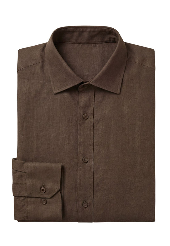 Folded men’s linen shirt in brown with Kent collar and visible cuff.