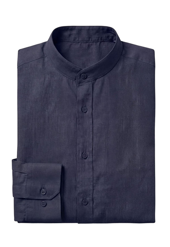 Men’s linen shirt in dark blue folded with stand-up collar, cuff and button placket