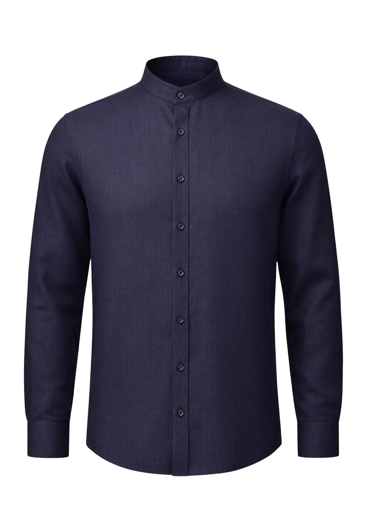 Men’s linen shirt in dark blue shown from the front with stand-up collar and button placket