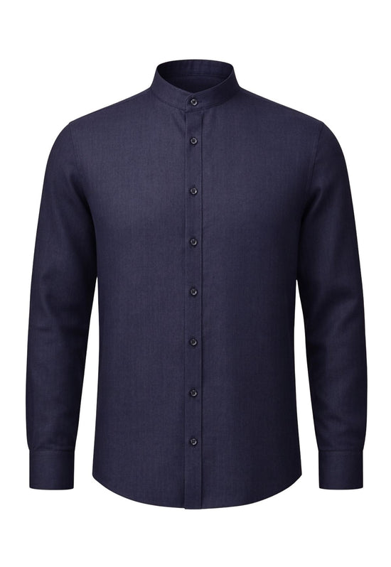 Men’s linen shirt in dark blue shown from the front with stand-up collar and button placket