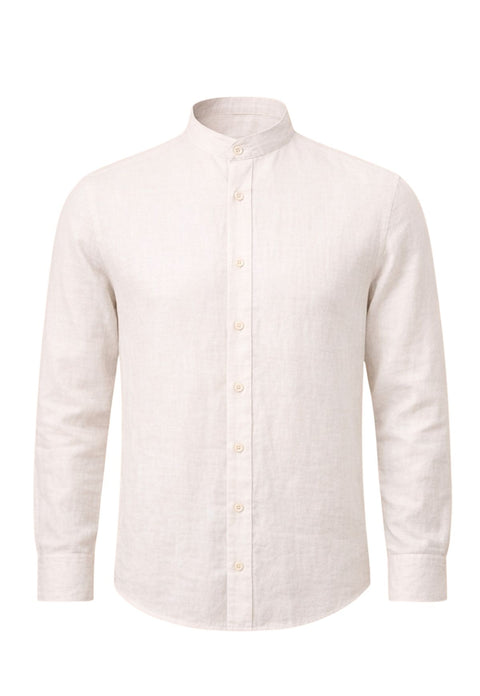 White men's linen shirt with stand-up collar and button placket, shown from the front.