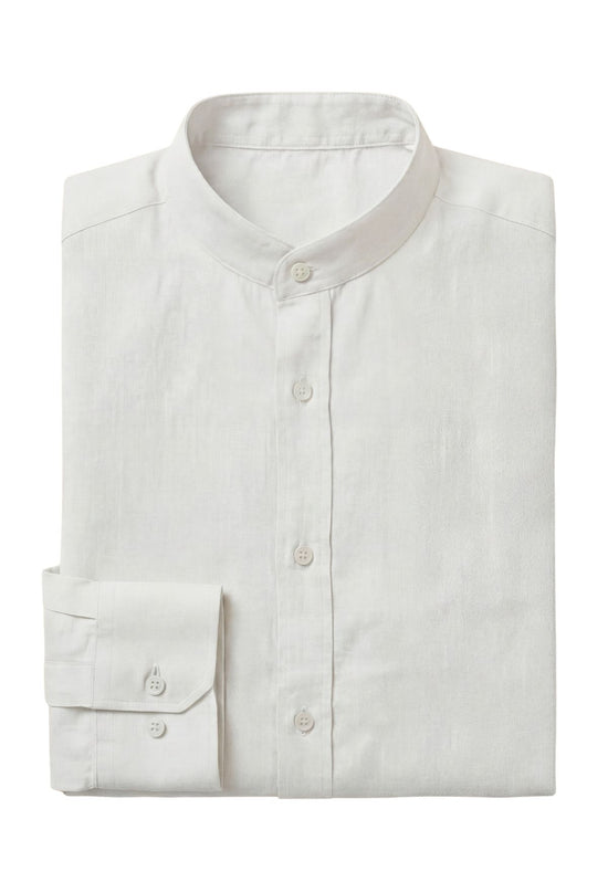 Folded white men's linen shirt with a stand-up collar and a buttoned cuff detail.