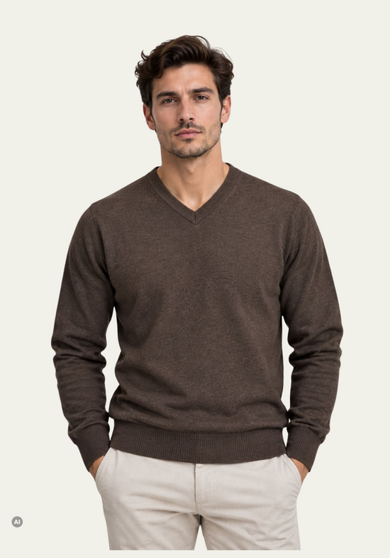 Herren-Feinstrickpullover aus Lammwolle Braun Modell YAKA
