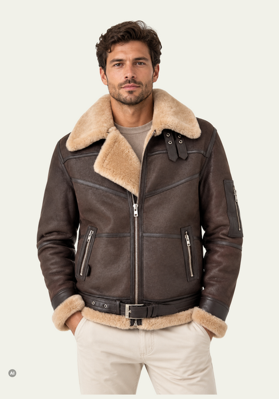 Herren-Lammfell-Fliegerjacke Dunkelbraun mit Gürtel