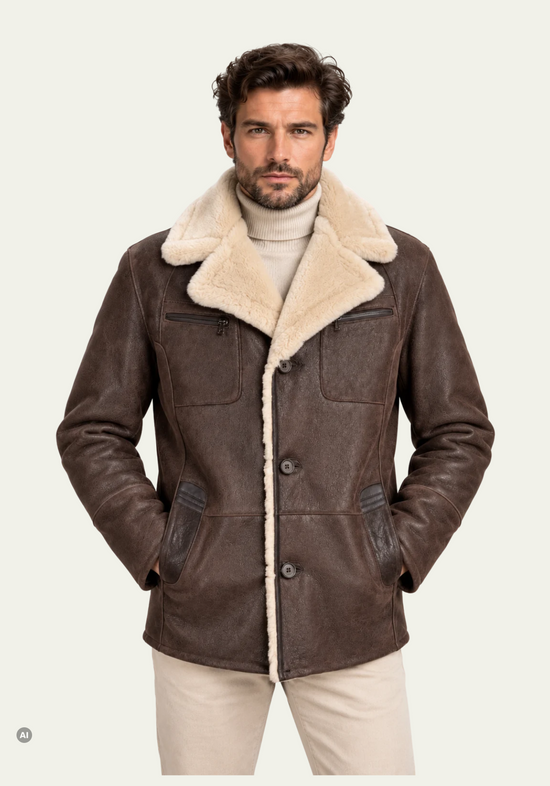 Herren-Lammfelljacke Braun im klassischen Field-Jacket-Stil