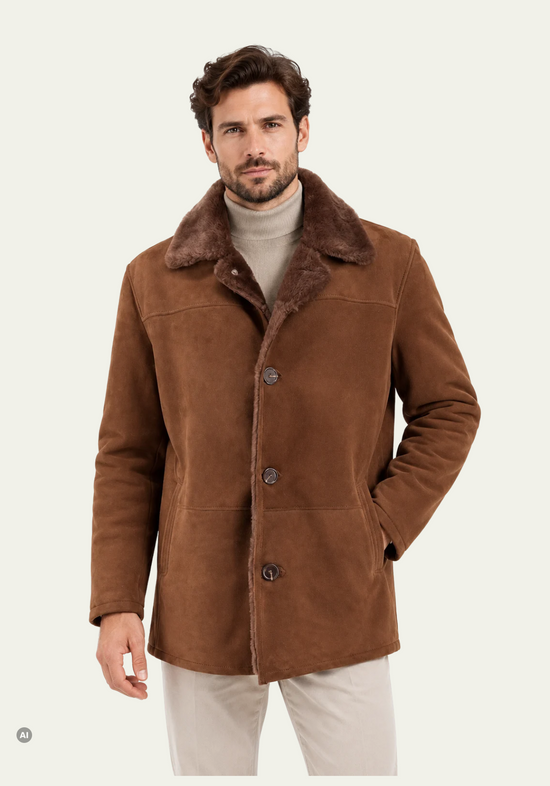 Herren-Lammfelljacke Braun mit markantem Fellkragen