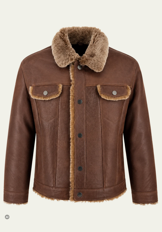 Herren-Lammfelljacke Braun im klassischen Trucker-Stil