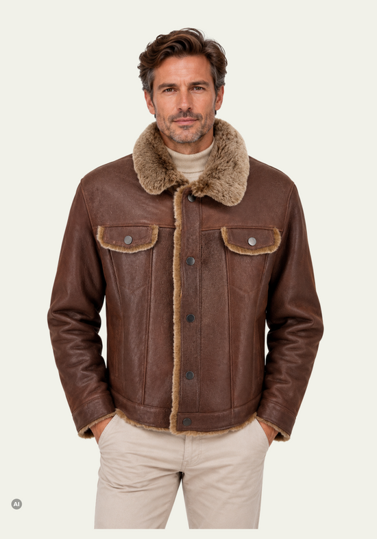 Herren-Lammfelljacke Braun im klassischen Trucker-Stil