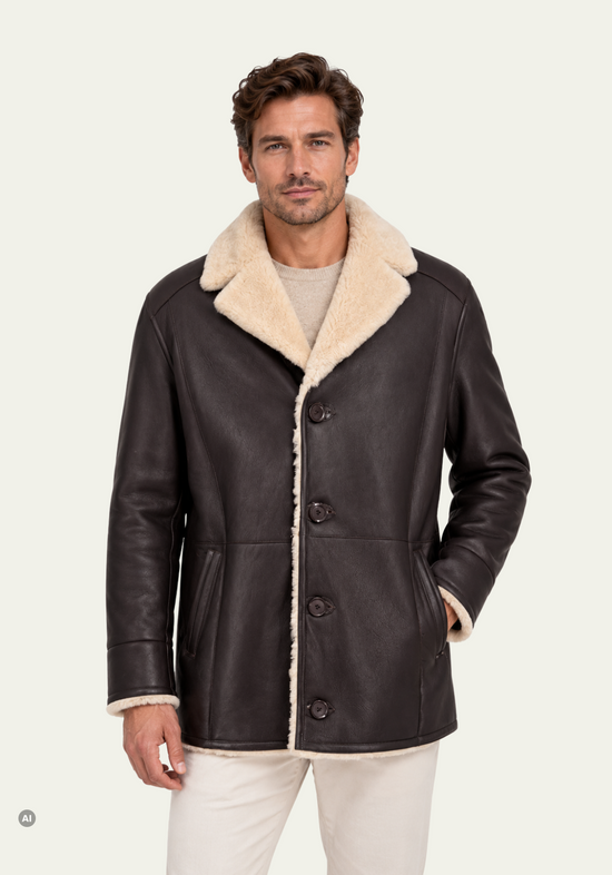 Herren-Lammfelljacke Dunkelbraun mit cremeweißem Fellrevers