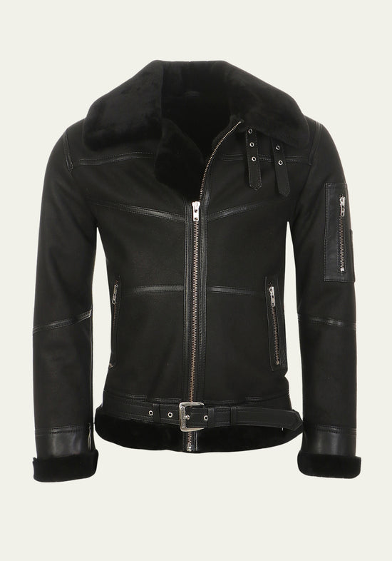 Black men's sheepskin jacket with zip fastening, stand-up collar, chest details and side pockets, front view.