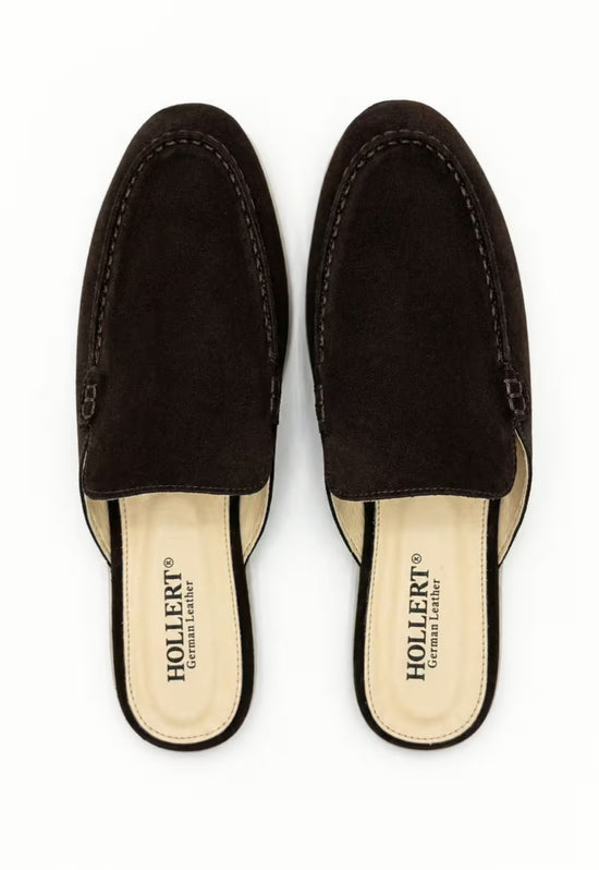 Men's slippers in black calf suede seen from above with the insole visible.