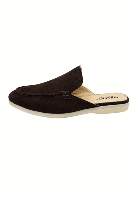 Men's slippers in black calf suede shown from the side with an open heel.