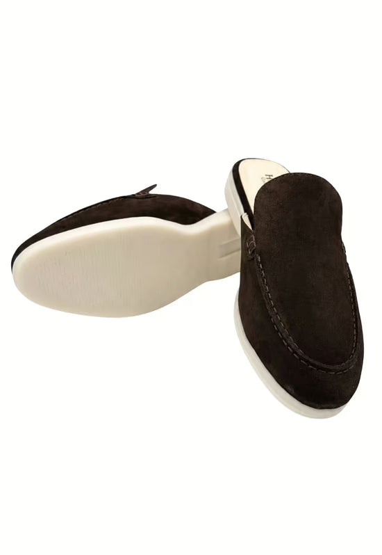 Men's slippers in black calf suede with the sole visible and a rear view.