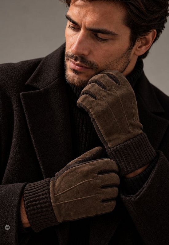 Herren-Velourslederhandschuhe S09 Braun mit Fleecefutter und Strickbündchen