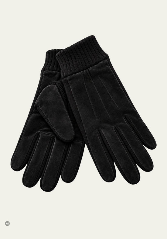 Herren-Velourslederhandschuhe S09 Schwarz mit Fleecefutter und Strickbündchen