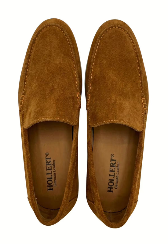 Two men's loafers in whisky calf suede shown from above