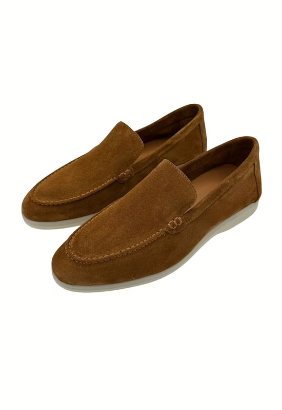 Pair of men's loafers in whisky calf suede, angled from above