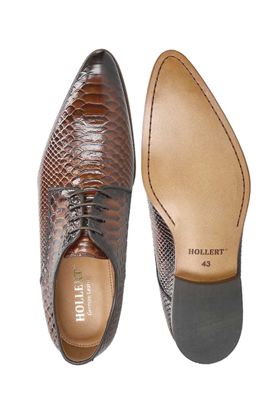 Brown men's leather shoes in top view, with lacing and a textured finish.