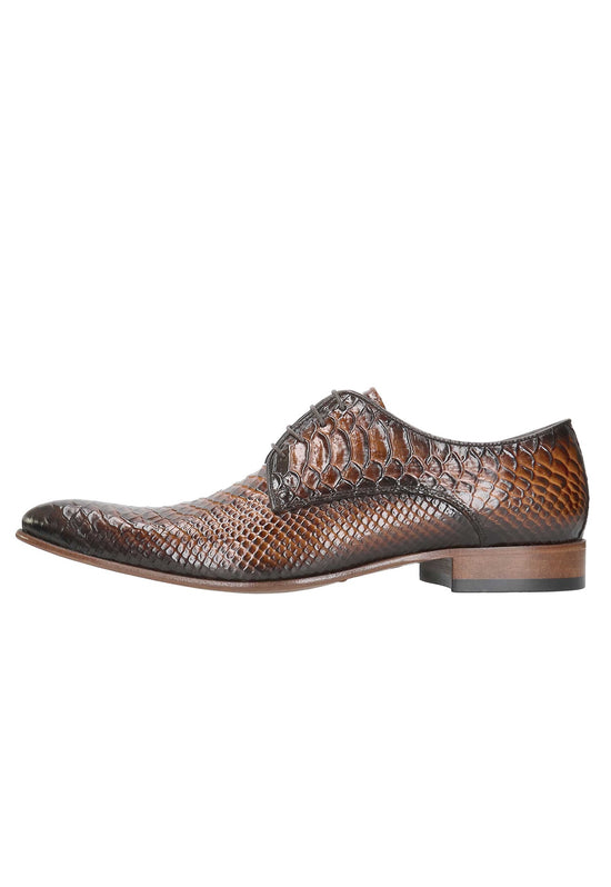 Brown men's leather shoe in side view with a flat sole and textured finish.