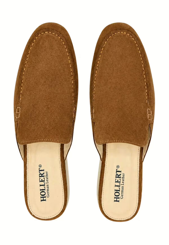 Pair of men's slip-on shoes in whisky brown leather, seen from above with the footbeds visible.