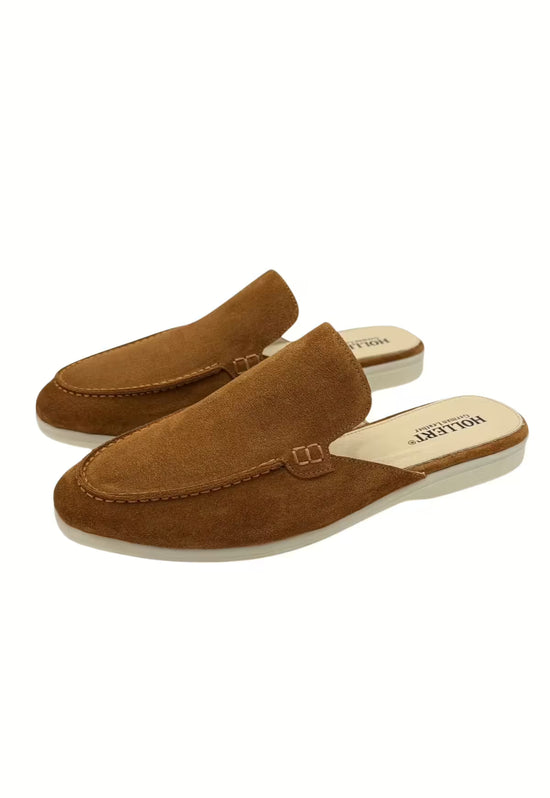 Two men's slip-on shoes in whisky brown leather, shown in an angled pair view on a white background.
