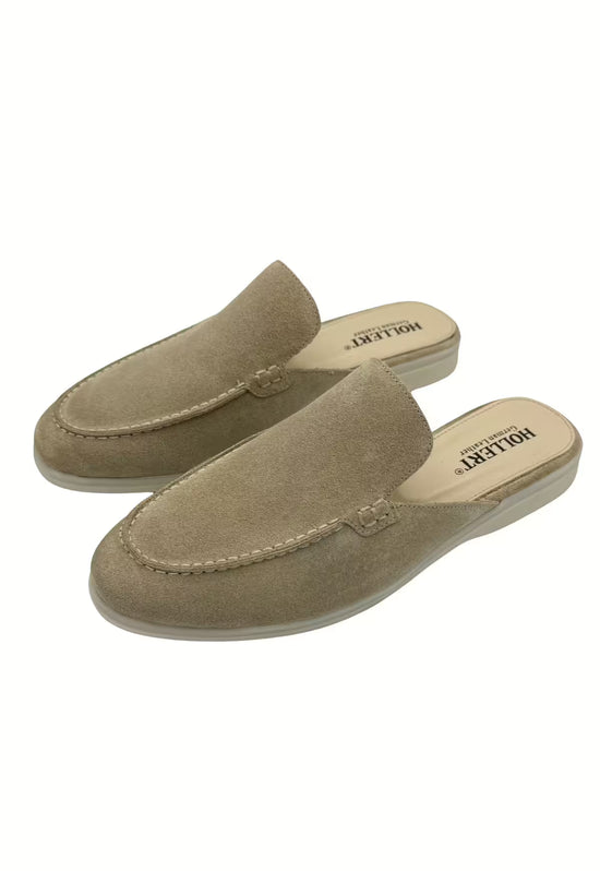 Two men's slippers in beige suede, shown together in an angled view.