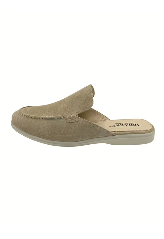 Men's slippers in beige suede, shown from the side with an open heel.
