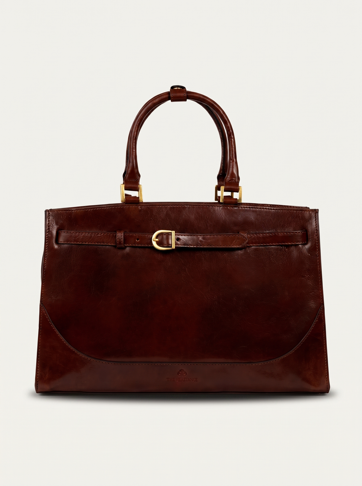 Brown leather hobo bag with two handles and a front detail on a light background.