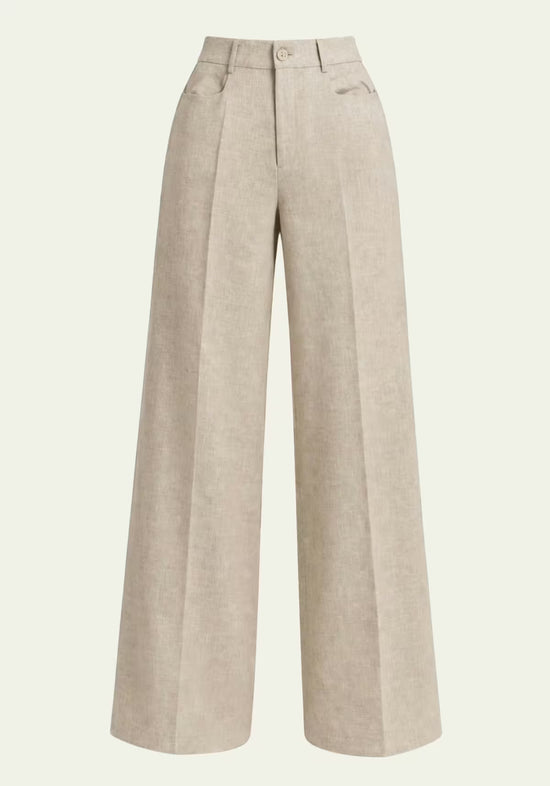 Beige women's linen trousers shown from the front with wide legs and pleats.