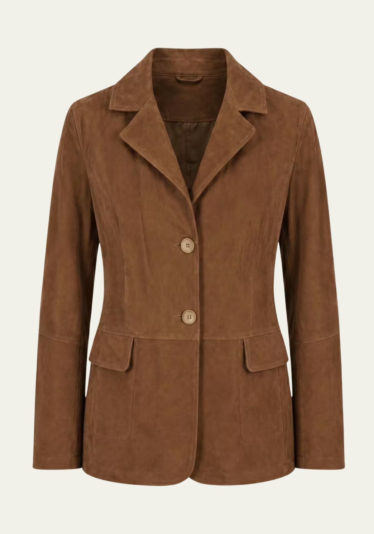 Women's jacket in cognac suede, shown front-on as a cut-out with buttons and a lapel collar.