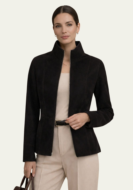Women's suede jacket in black, shown worn cut out, with a high collar.
