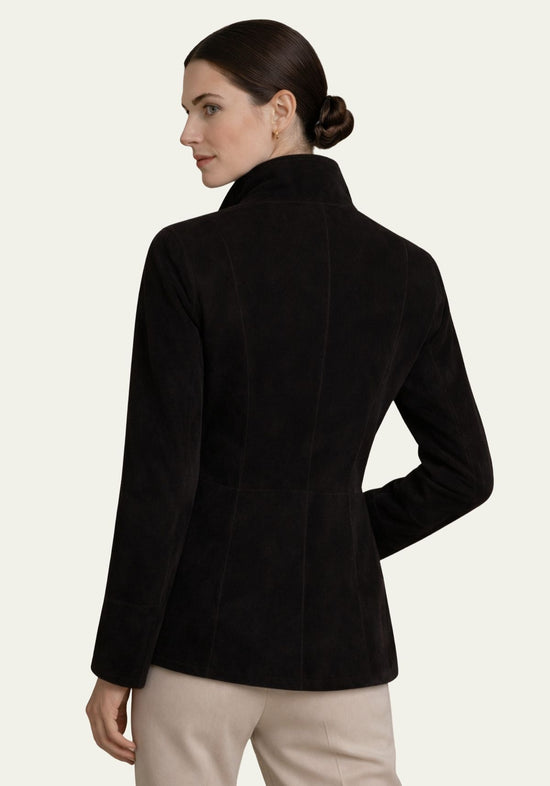 Women's suede jacket in black from the back, with a fitted shape and stand-up collar.