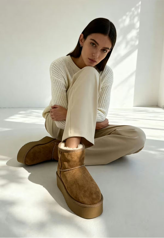 Brown sheepskin boots for women worn by a model in a seated indoor shot.