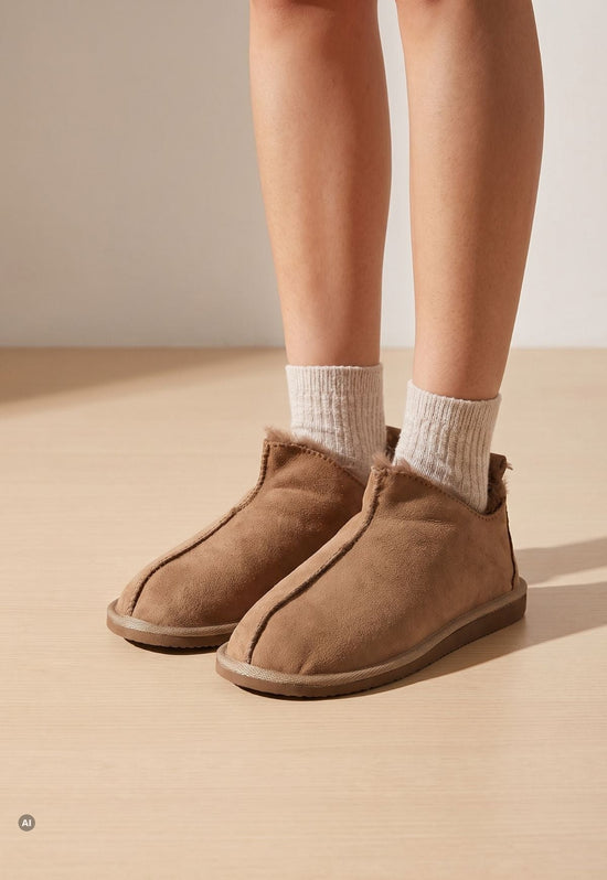 Lammfell-Hausschuh Beige getragen mit weißer Socke, Vorderansicht beider Füße