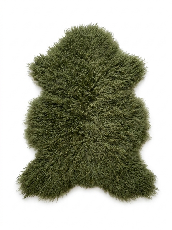 Green sheepskin isolated on a white background, shown in full with long pile.