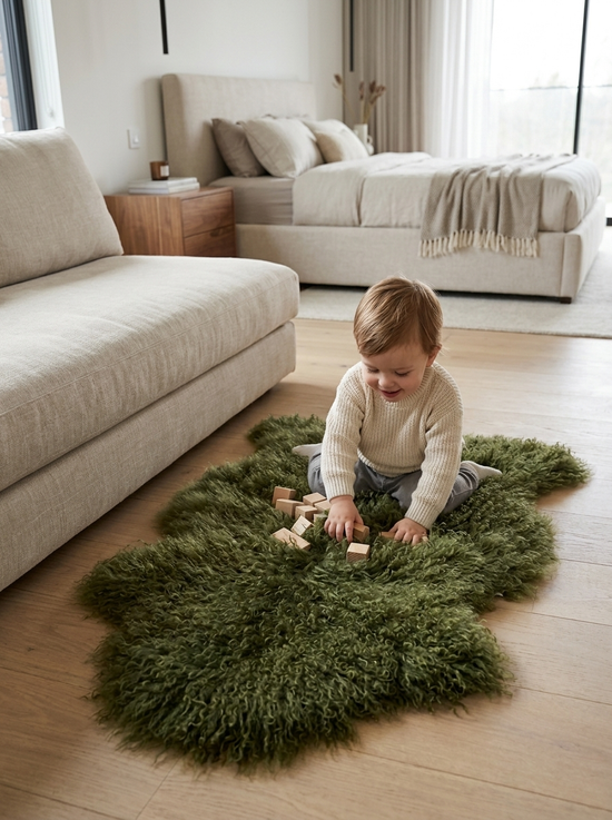 A child sits on a green sheepskin on the wooden floor, playing with blocks in a living room.
