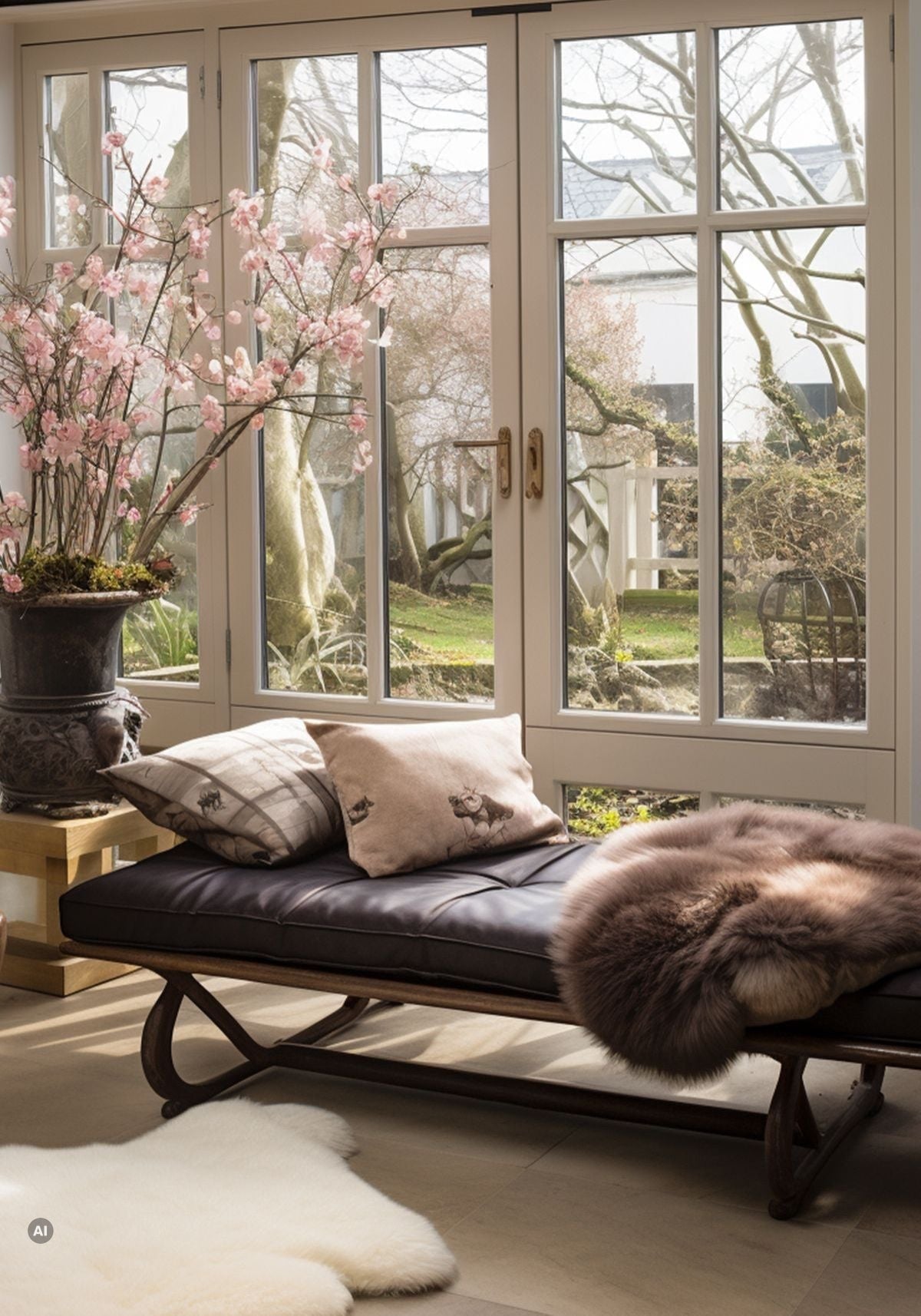 Lammfell Natur Gescheckt über Lounge-Möbel am Fenster mit Gartenblick arrangiert