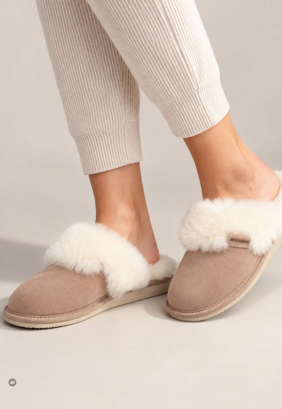Lammfell Pantoffel beige-weiß an den Füßen getragen mit heller Hose