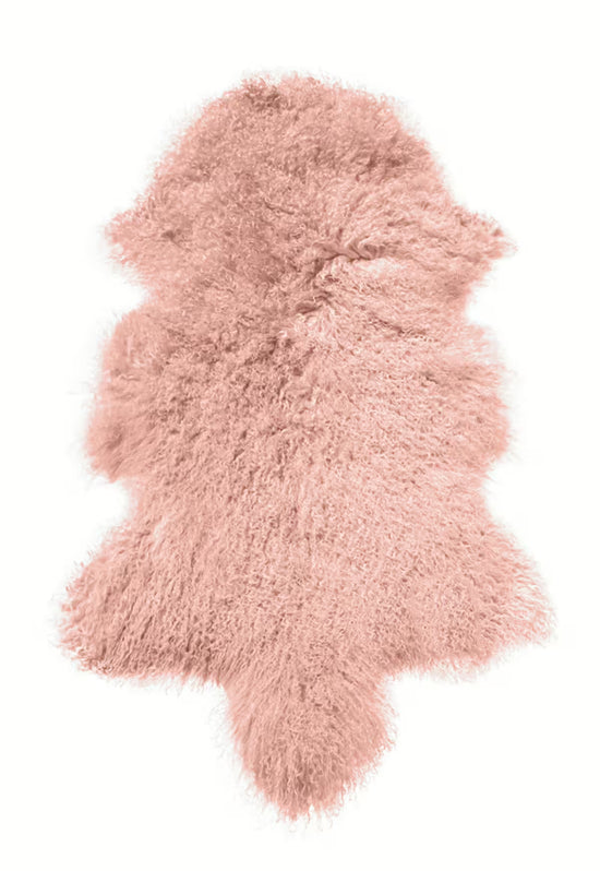 Pink sheepskin cut out on a white background with a visible soft curly texture.