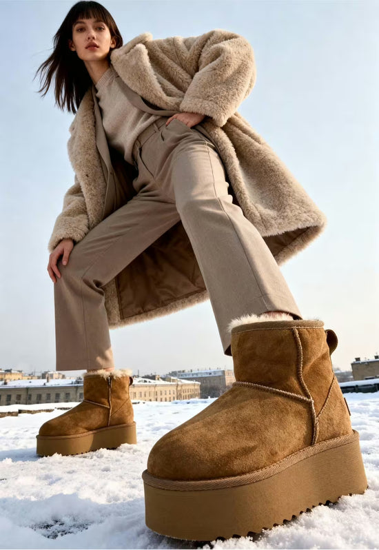 Brown sheepskin winter boots for women worn in the snow with coat and trousers.