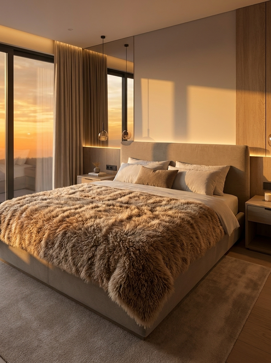 Cappuccino sheepskin blanket made from curly sheepskin laid across a bed in a bedroom.