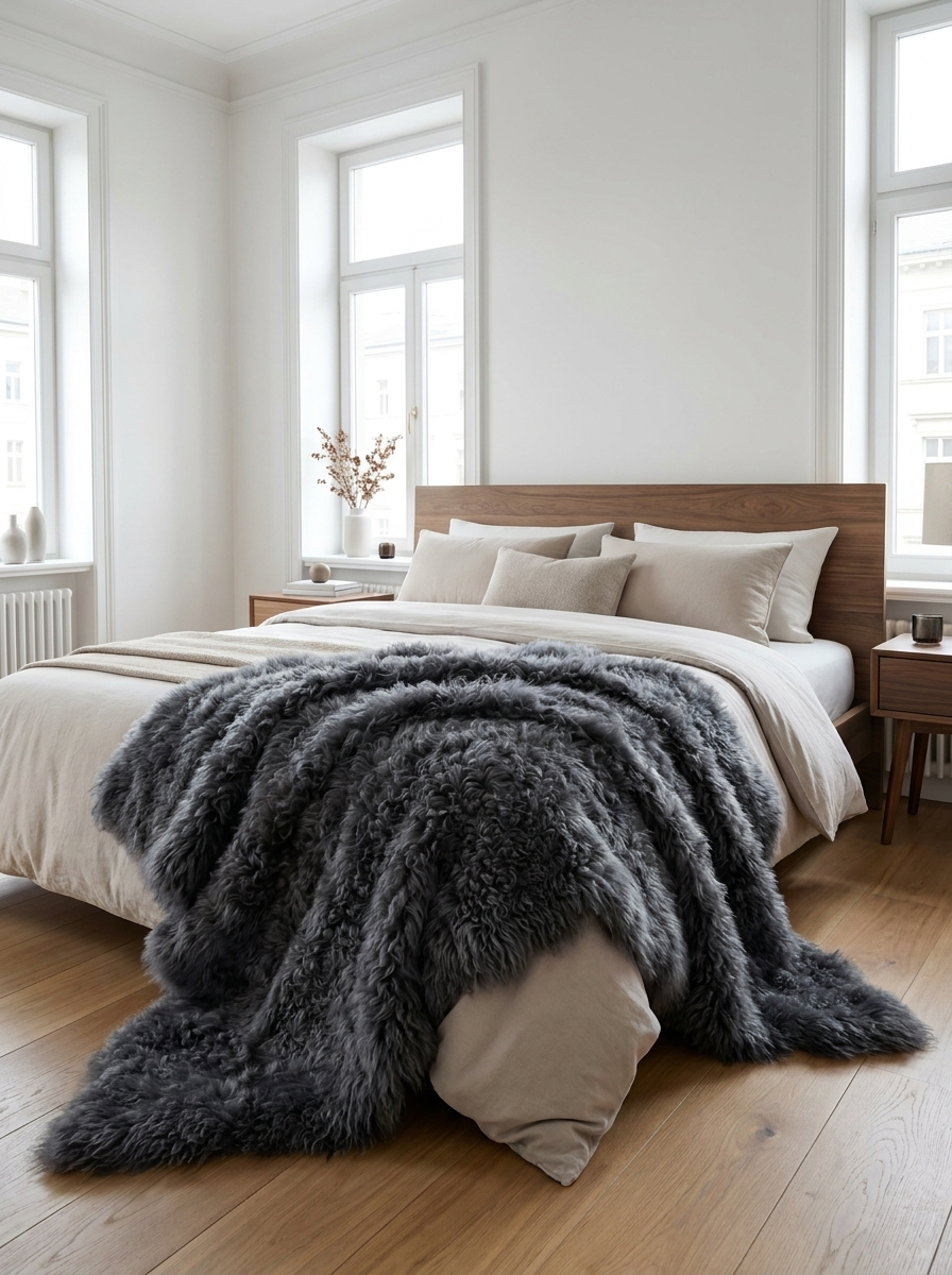 Dark grey sheepskin throw loosely draped over the end of a bed.