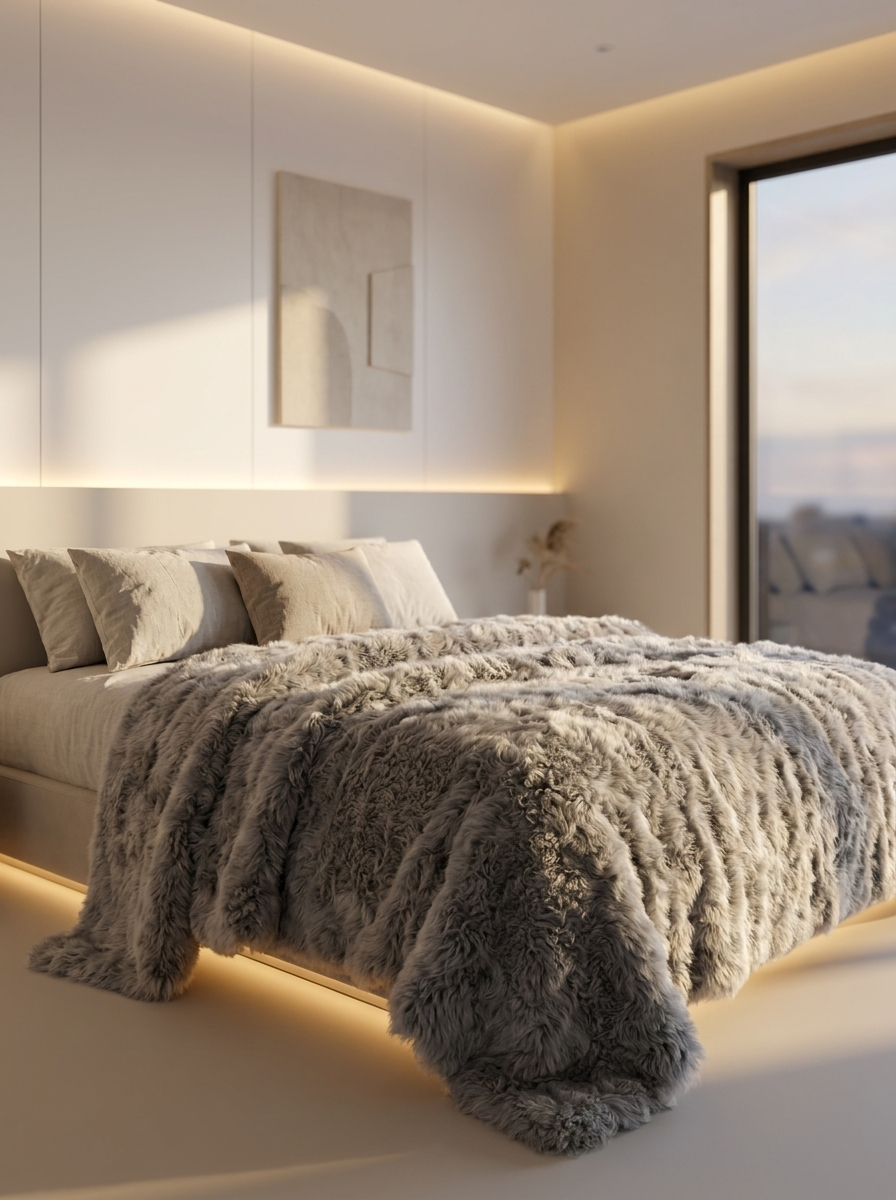 Grey mottled sheepskin blanket draped over a bed with cushions